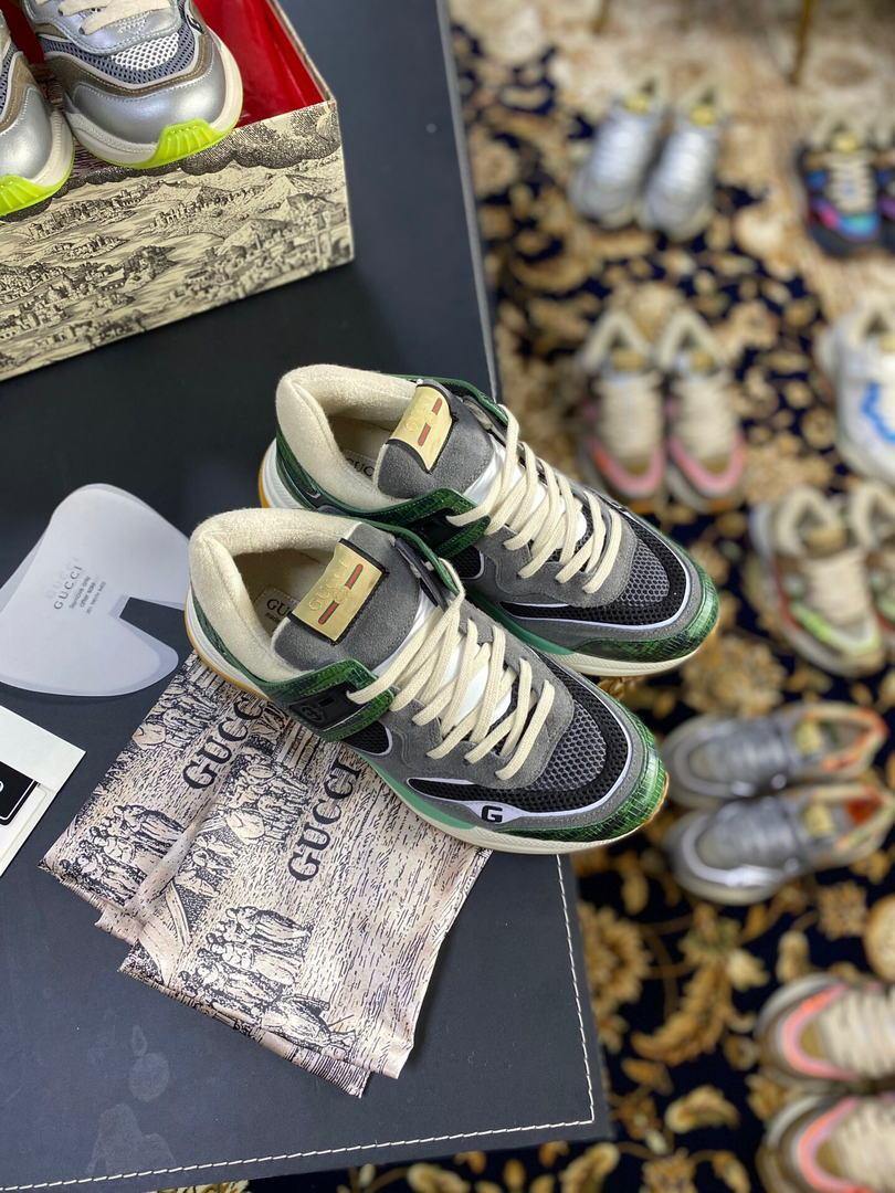 Gucci Men¡¯s Ultrapace R Leather Sneaker 81112 Green and Gray - luxibagsmall