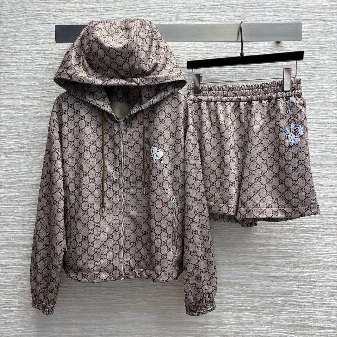 Gucci Women Fashion Double G jacquard leisure suit Hooded zip-up jacket G88001
