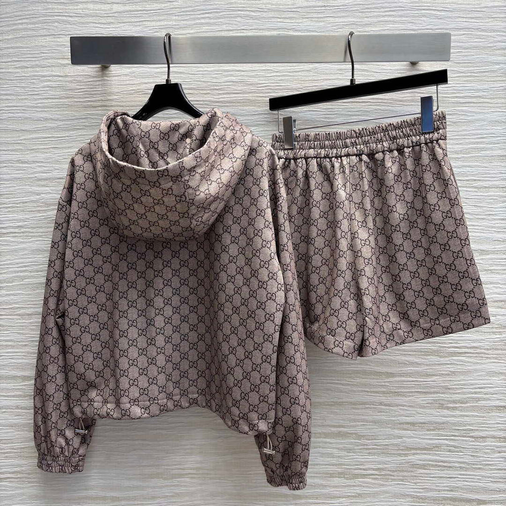 Gucci Women Fashion Double G jacquard leisure suit Hooded zip-up jacket G88001