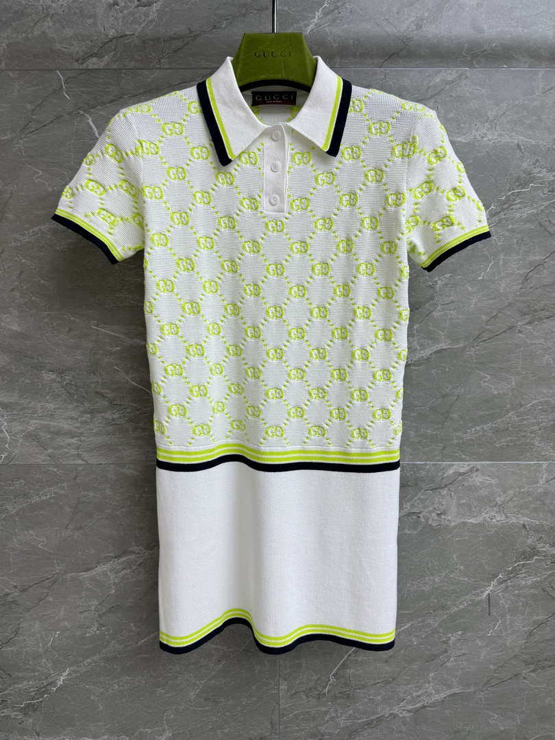 Gucci Women GG intarsia pattern Ivory and lime green dress G85264