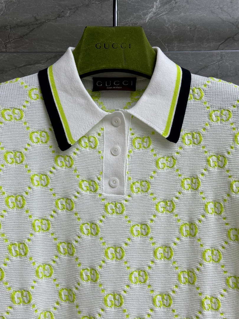 Gucci Women GG intarsia pattern Ivory and lime green dress G85264