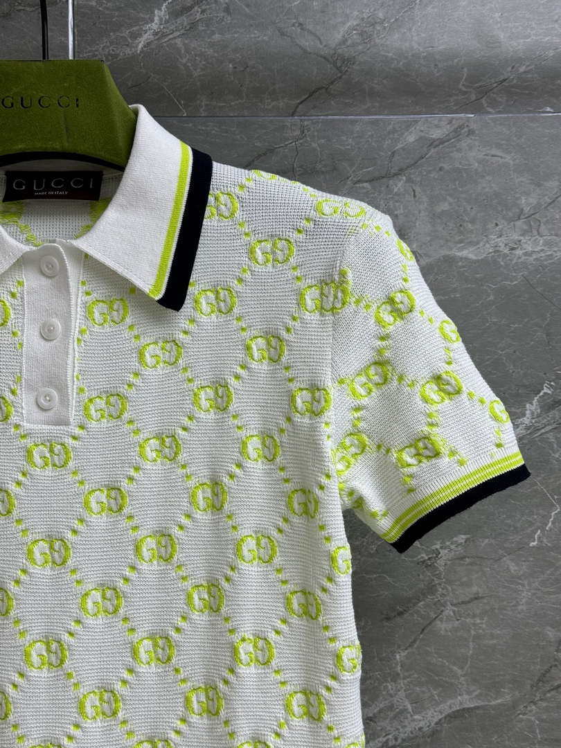 Gucci Women GG intarsia pattern Ivory and lime green dress G85264