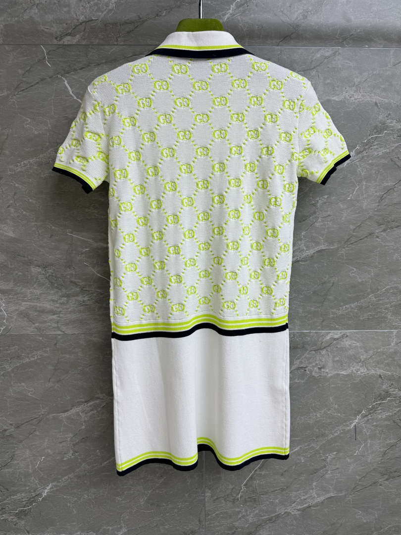 Gucci Women GG intarsia pattern Ivory and lime green dress G85264 - S - View 5