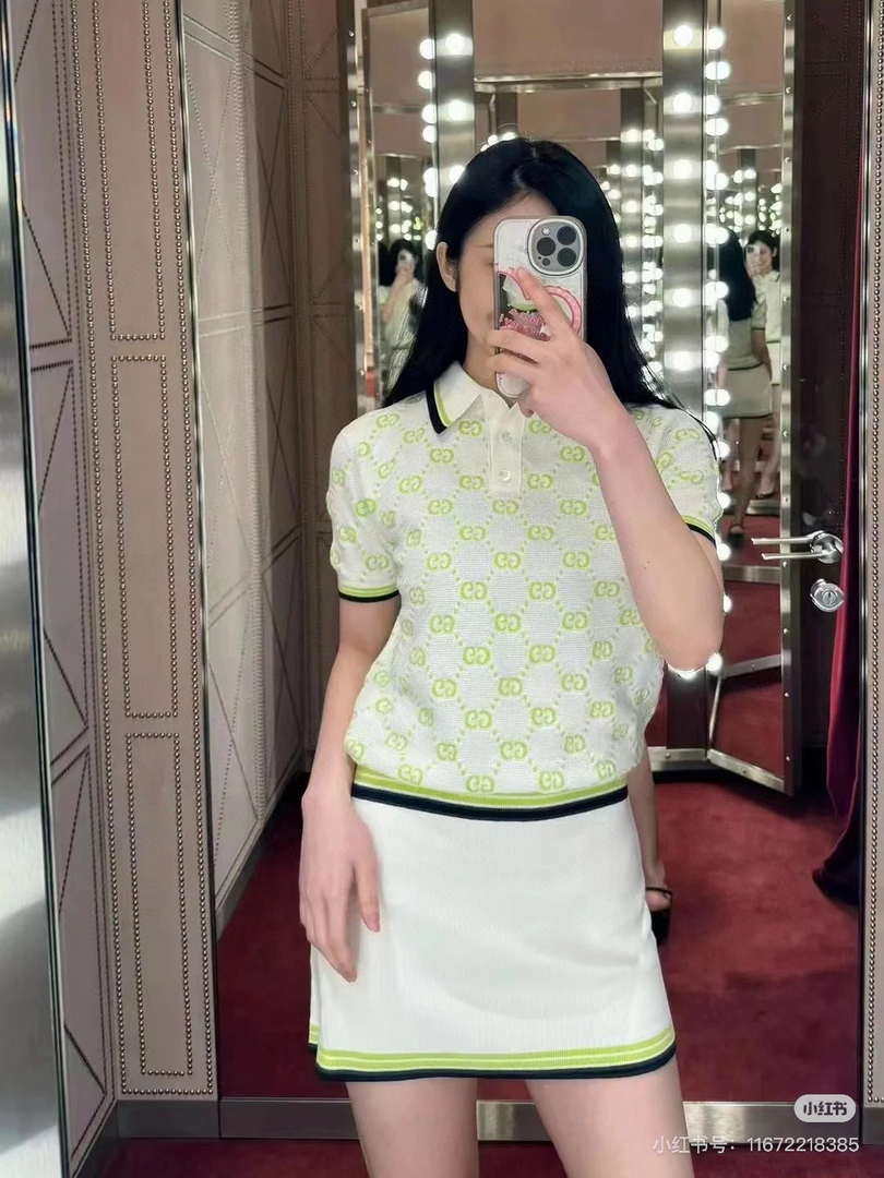 Gucci Women GG intarsia pattern Ivory and lime green dress G85264