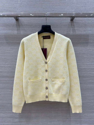 Gucci Women jacquard full-length GG wool Wool knitted cardigan G85266 - Yellow / S - View 1