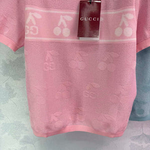 Gucci Women Knitted crew neck short-sleeved cherry Double G logo jacquard  G85269 - Pink / S - View 3