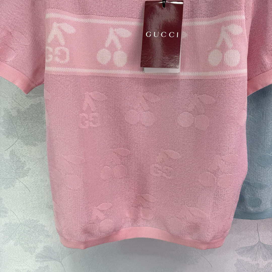 Gucci Women Knitted crew neck short-sleeved cherry Double G logo jacquard  G85269