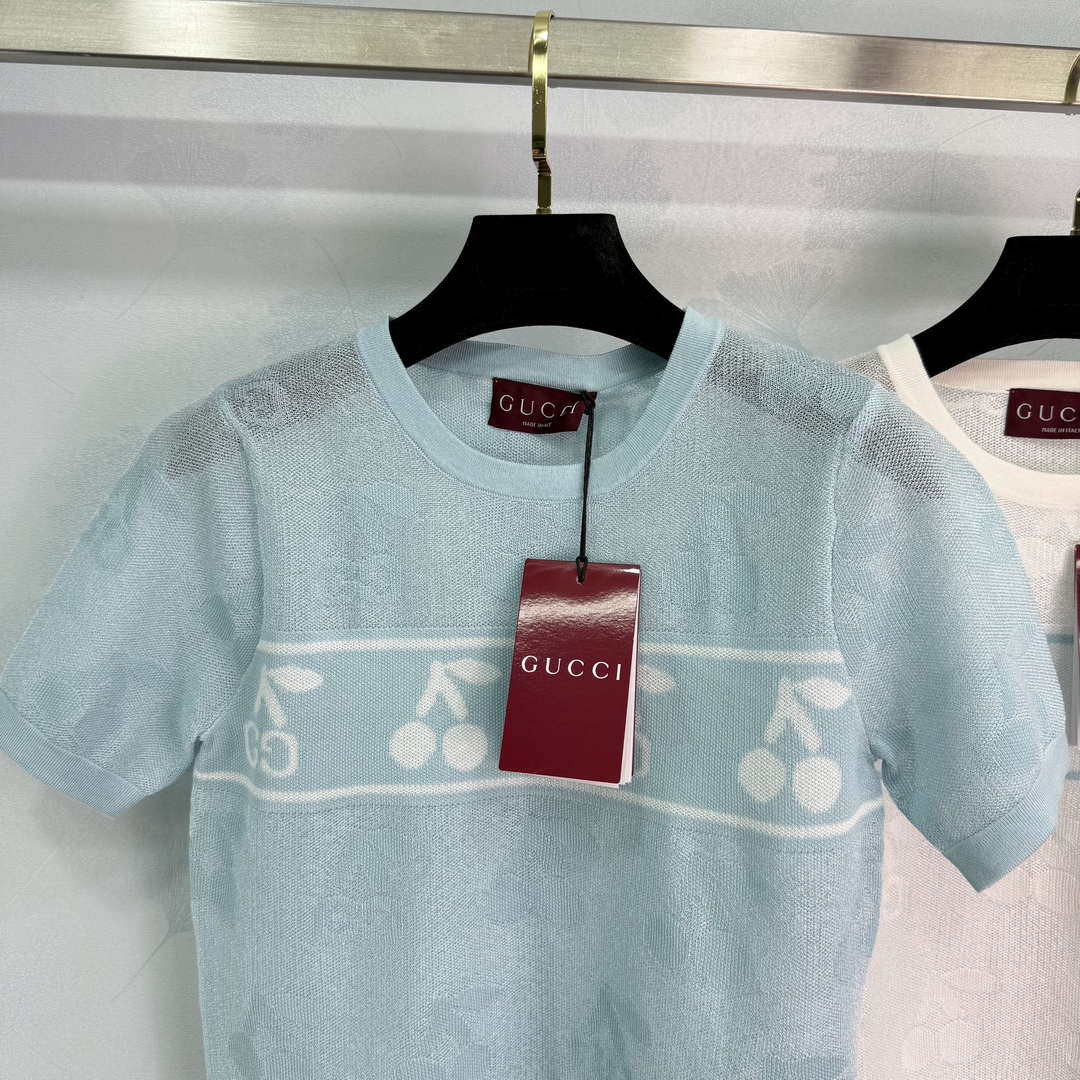 Gucci Women Knitted crew neck short-sleeved cherry Double G logo jacquard  G85269