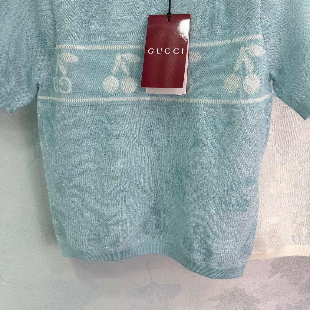 Gucci Women Knitted crew neck short-sleeved cherry Double G logo jacquard  G85269