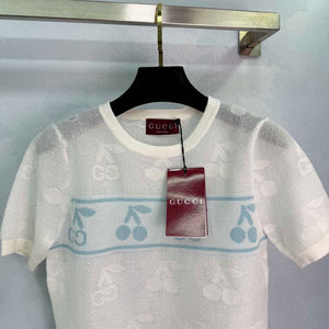 Gucci Women Knitted crew neck short-sleeved cherry Double G logo jacquard  G85269 - Pink / S - View 6