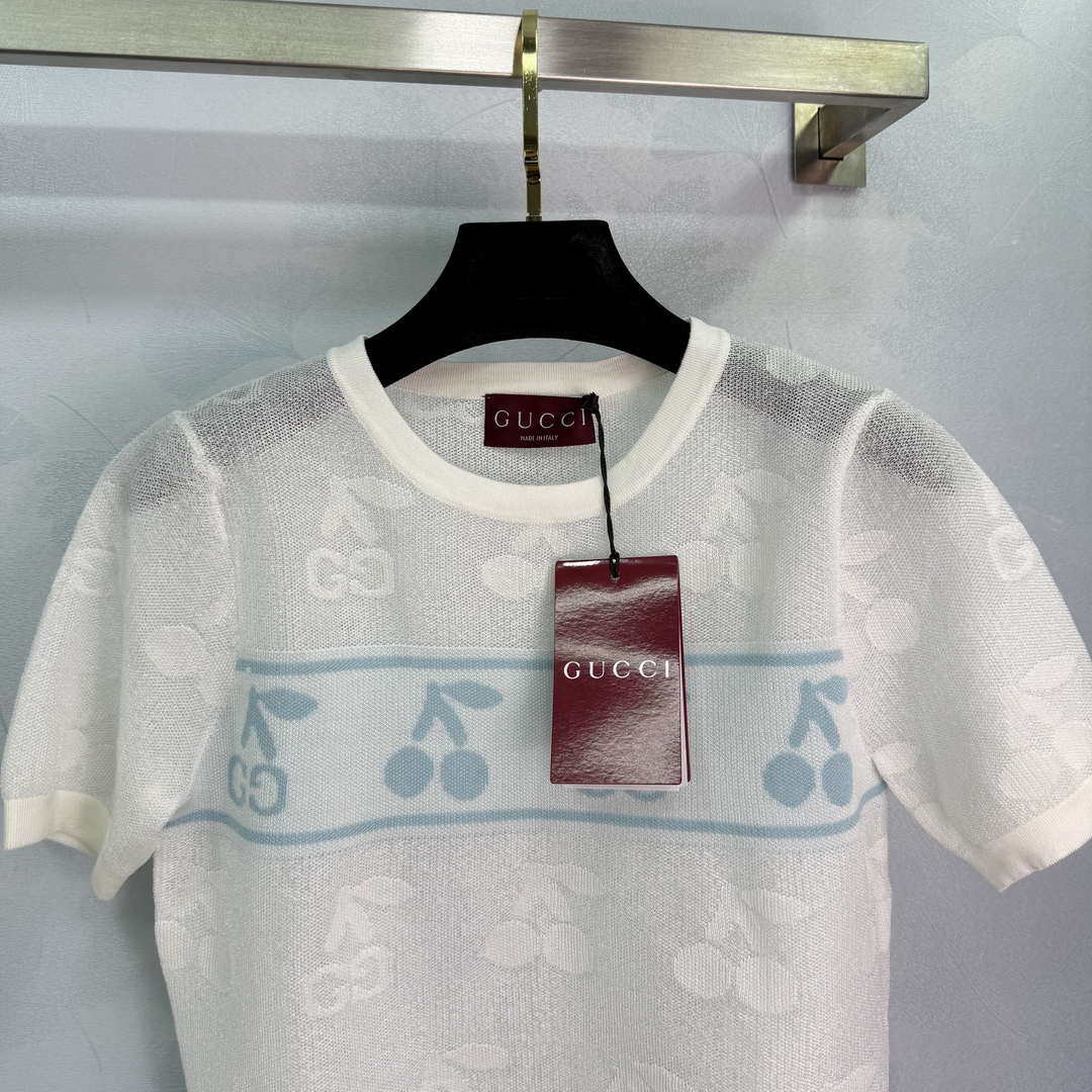 Gucci Women Knitted crew neck short-sleeved cherry Double G logo jacquard  G85269