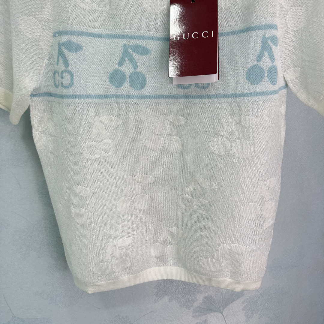 Gucci Women Knitted crew neck short-sleeved cherry Double G logo jacquard  G85269