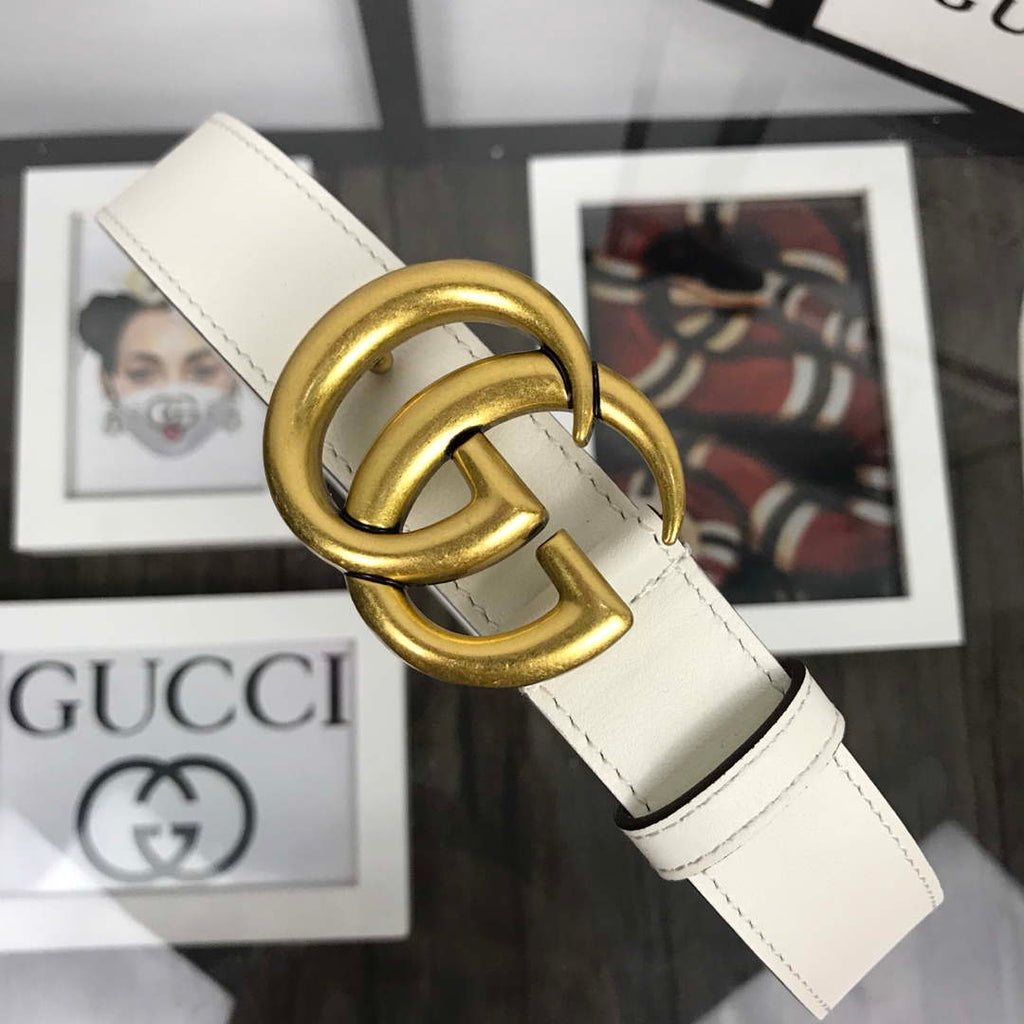 Gucci Women Men's Leather Belt with Double G Buckle 40MM G19169 White