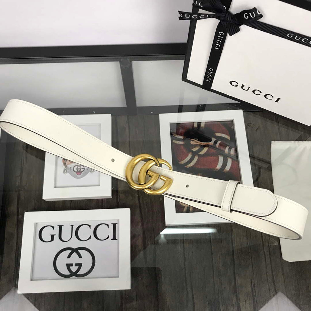 Gucci Women Men's Leather Belt with Double G Buckle 20MM G19168 White