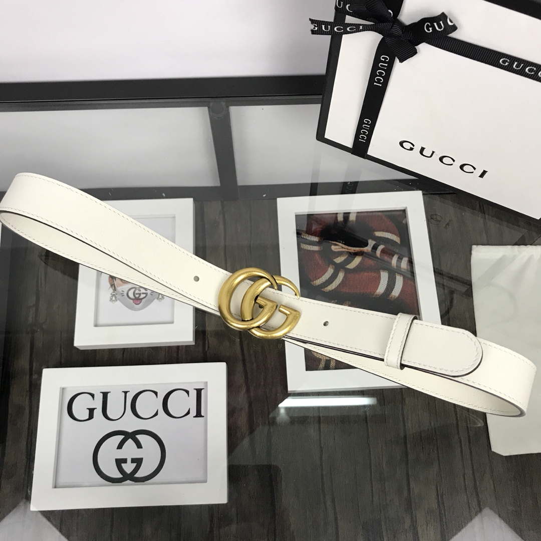 Gucci Women Men's Leather Belt with Double G Buckle 20MM G19168 White