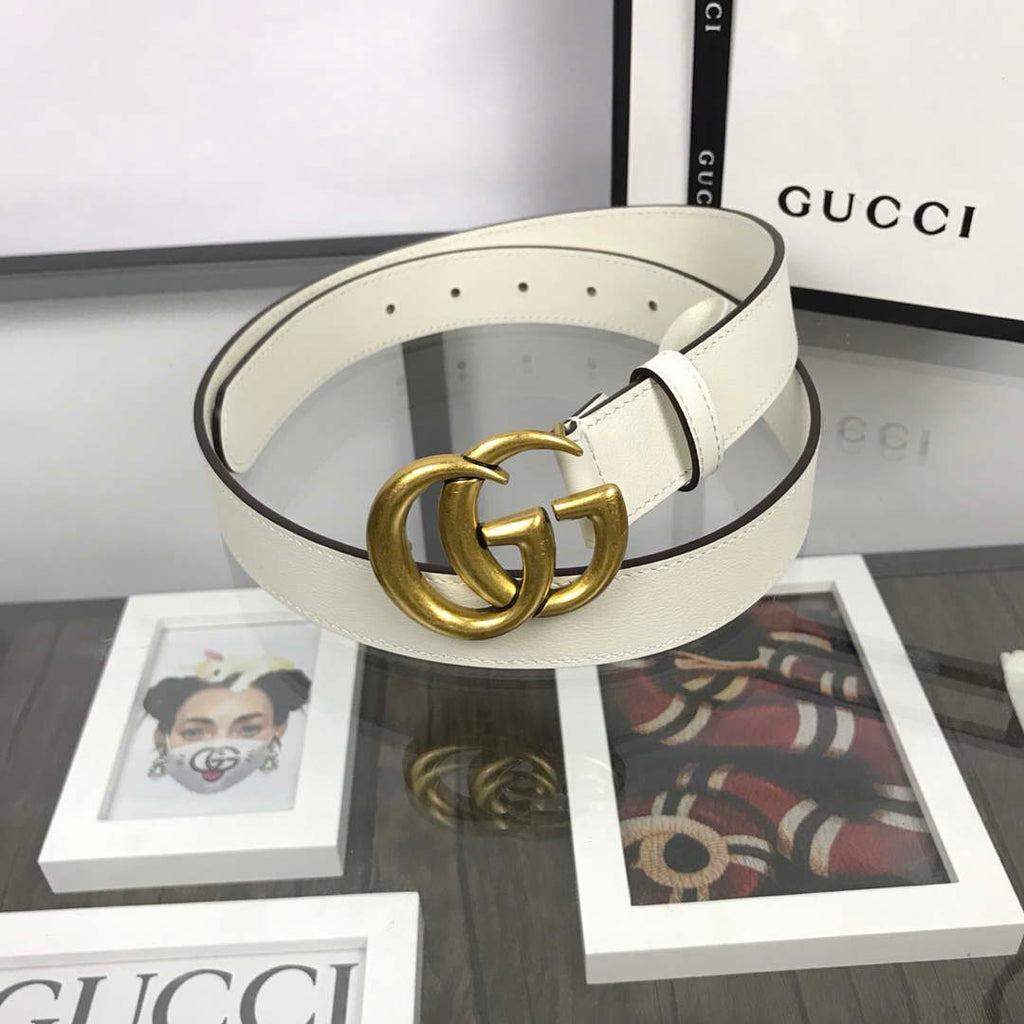 Gucci Women Men's Leather Belt with Double G Buckle 20MM G19168 White