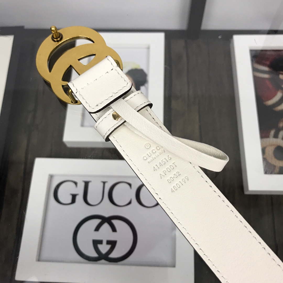 Gucci Women Men's Leather Belt with Double G Buckle 20MM G19168 White