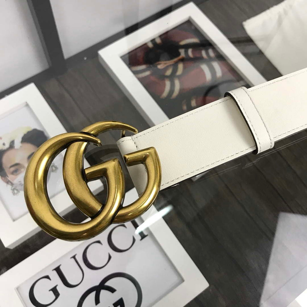 Gucci Women Men's Leather Belt with Double G Buckle 30MM G19167 White
