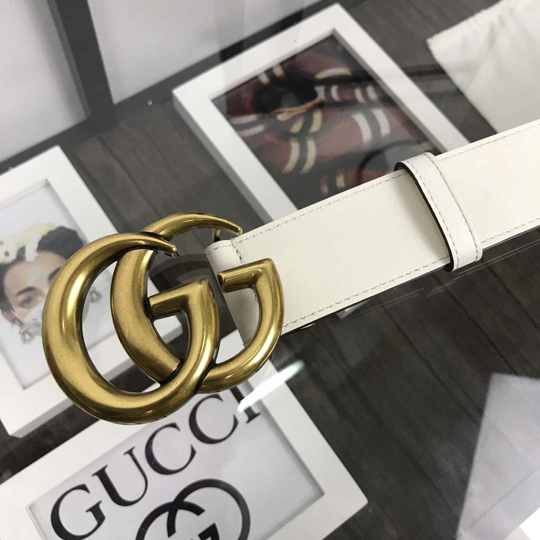 Gucci Women Men's Leather Belt with Double G Buckle 30MM G19167 White