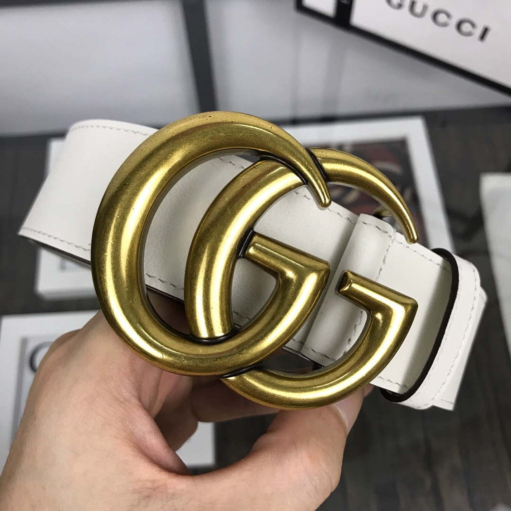 Gucci Women Men's Leather Belt with Double G Buckle 30MM G19167 White