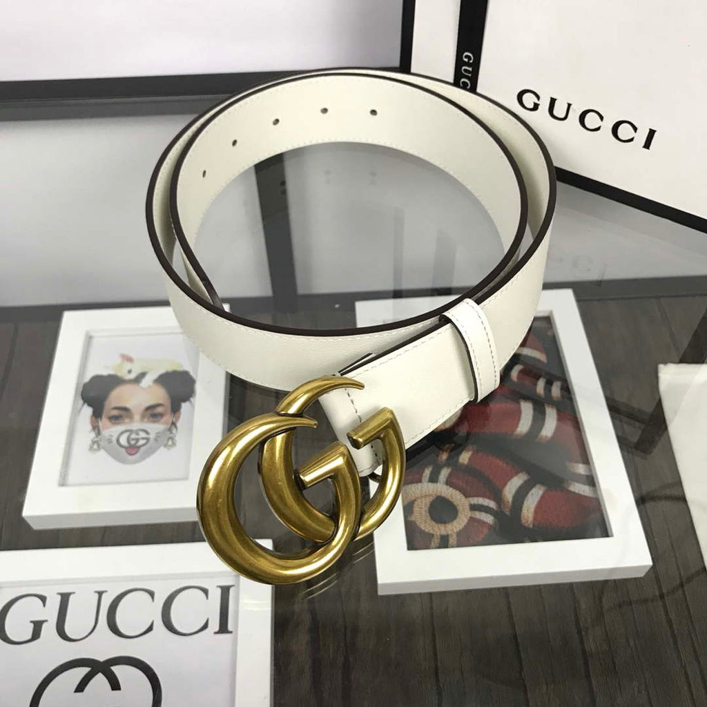 Gucci Women Men's Leather Belt with Double G Buckle 30MM G19167 White