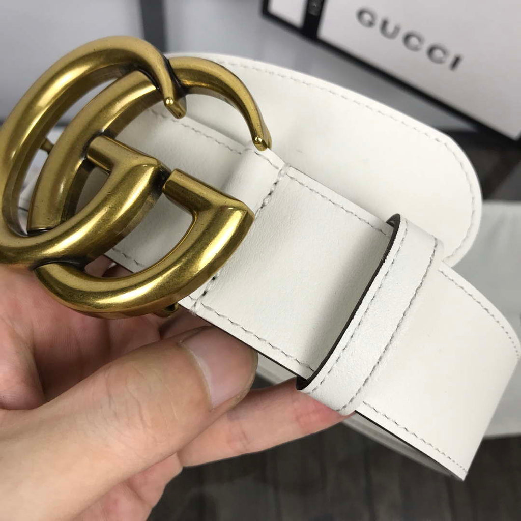 Gucci Women Men's Leather Belt with Double G Buckle 30MM G19167 White