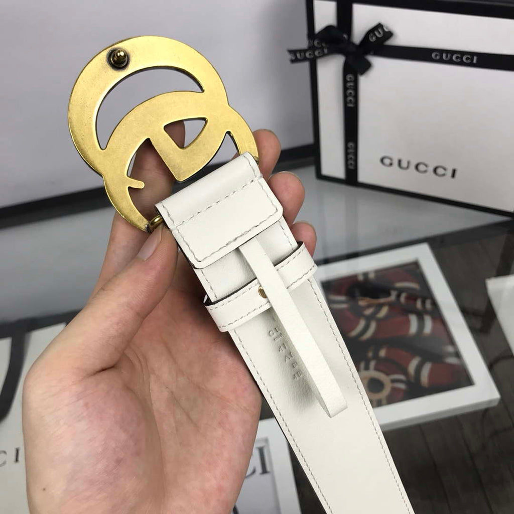 Gucci Women Men's Leather Belt with Double G Buckle 30MM G19167 White