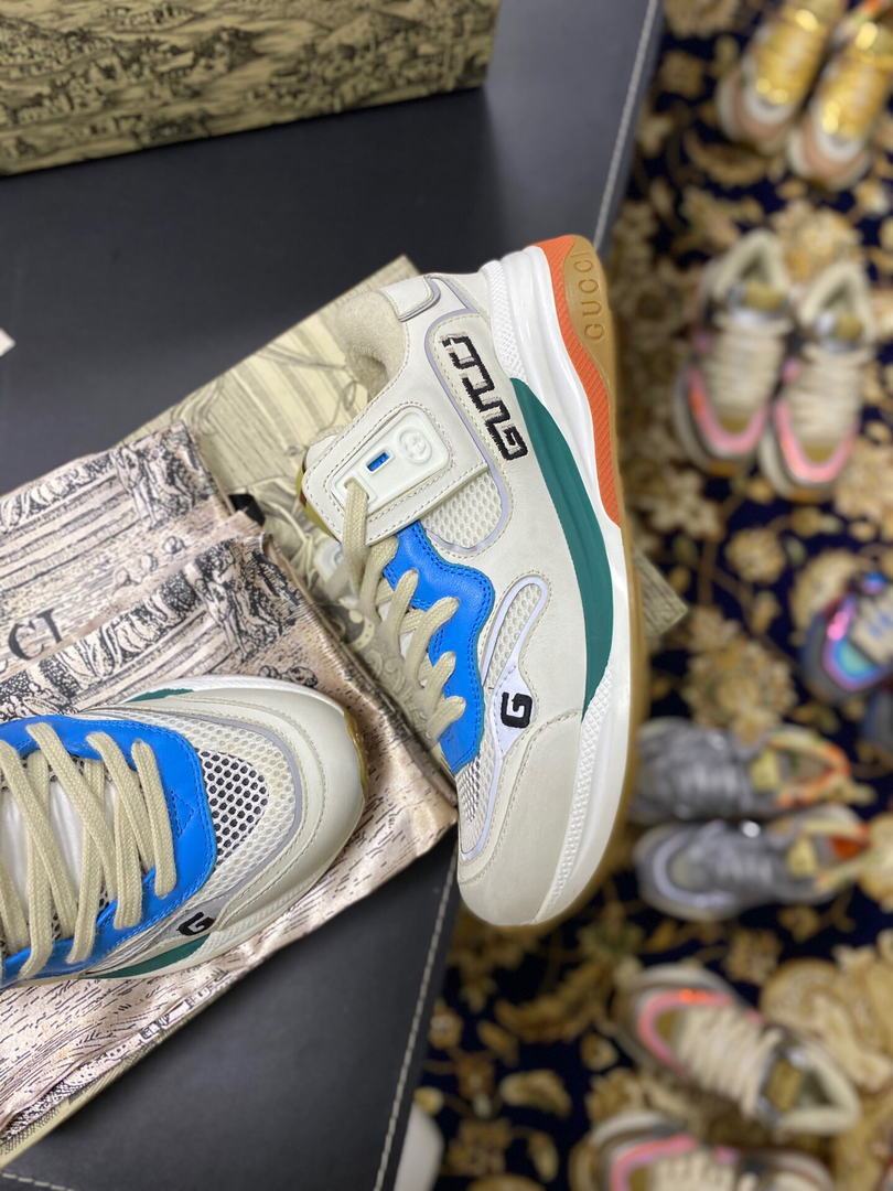 Gucci Women Men¡®s Ultrapace R Leather Sneaker 81113 Gray and Blue - luxibagsmall