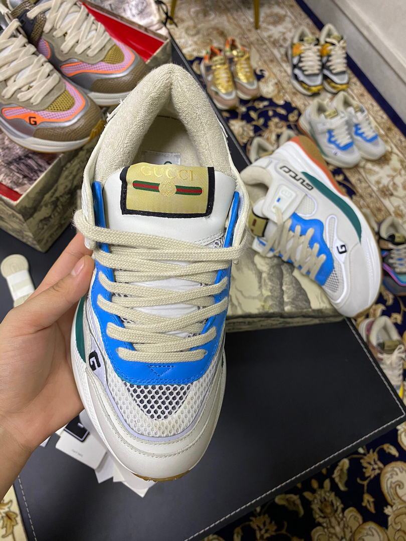 Gucci Women Men¡®s Ultrapace R Leather Sneaker 81113 Gray and Blue - luxibagsmall