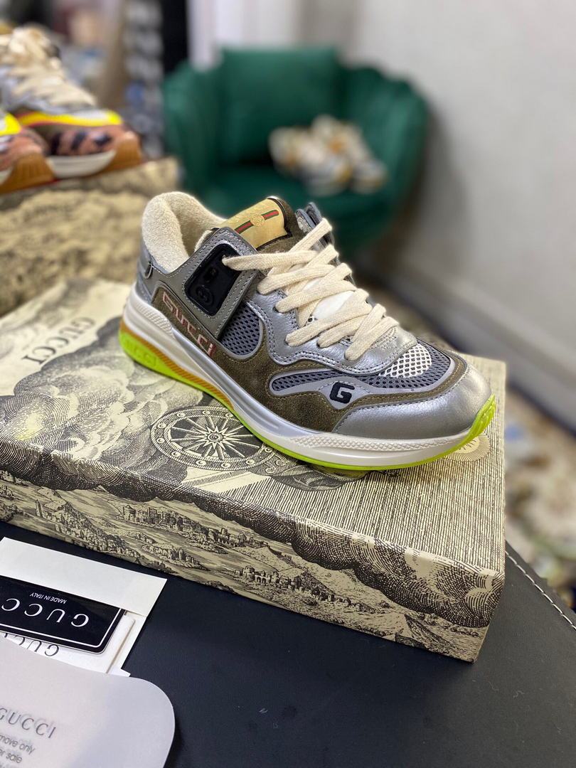 Gucci Women¡¯s Ultrapace R Leather Sneaker 81115 Silver and Brown - luxibagsmall