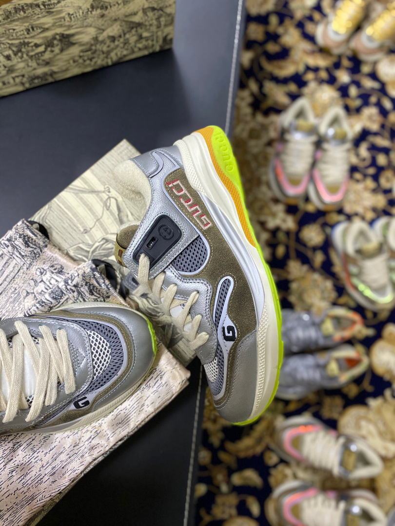 Gucci Women¡¯s Ultrapace R Leather Sneaker 81115 Silver and Brown - luxibagsmall