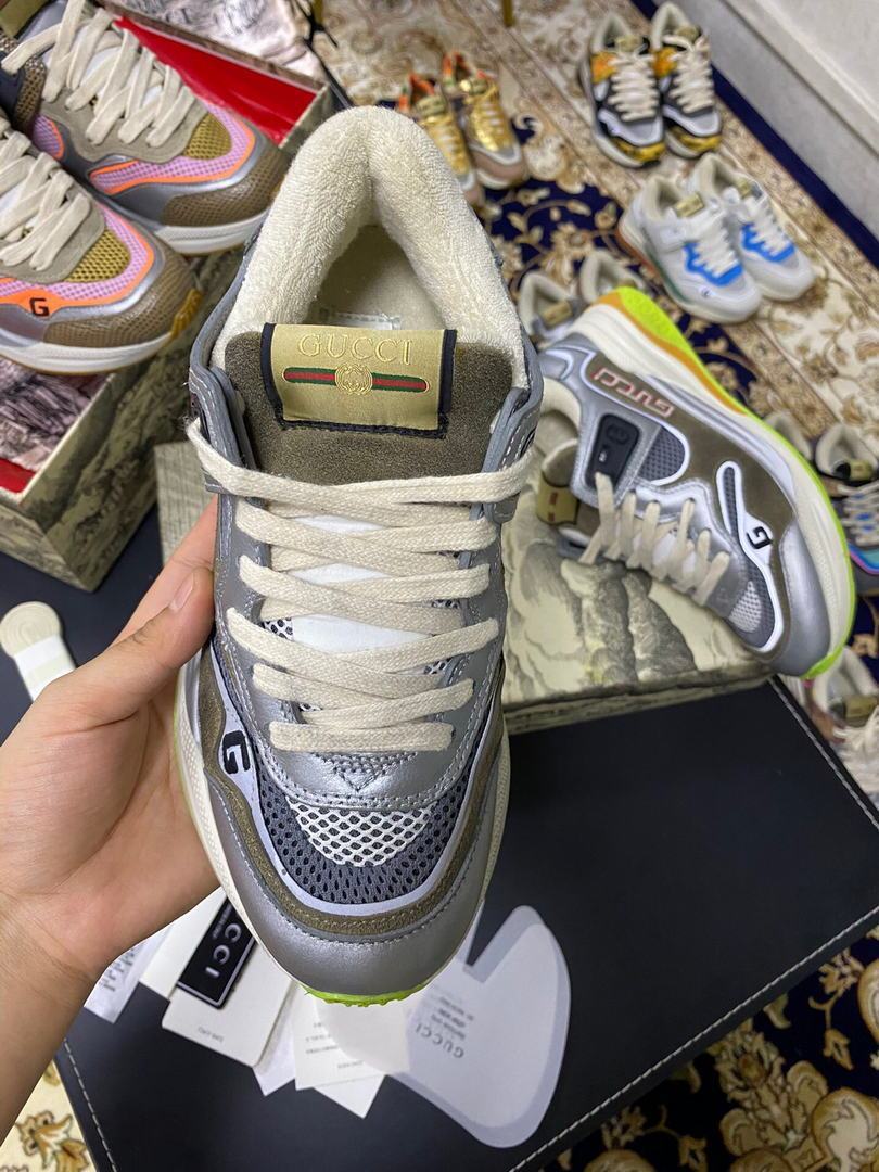 Gucci Women¡¯s Ultrapace R Leather Sneaker 81115 Silver and Brown - luxibagsmall