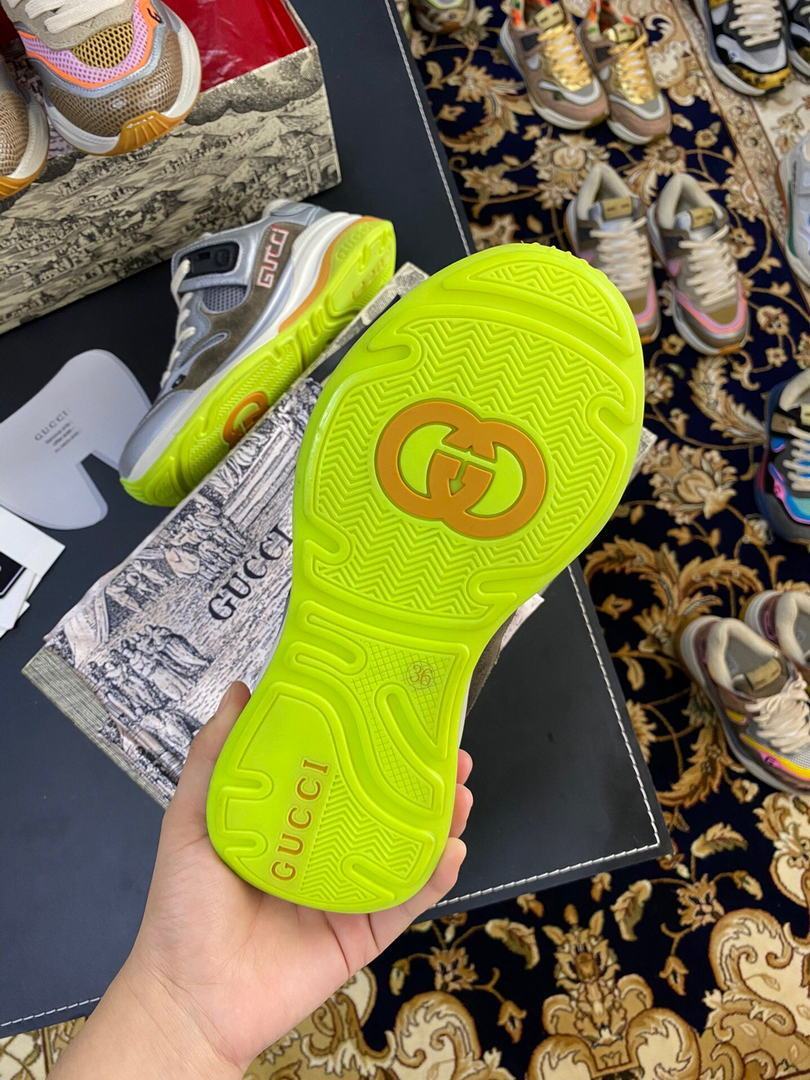 Gucci Women¡¯s Ultrapace R Leather Sneaker 81115 Silver and Brown - luxibagsmall