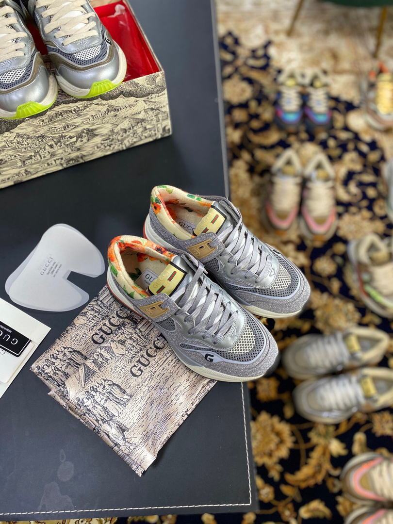 Gucci Women¡¯s Ultrapace R Leather Sneaker 81115 Silver and Gray - luxibagsmall