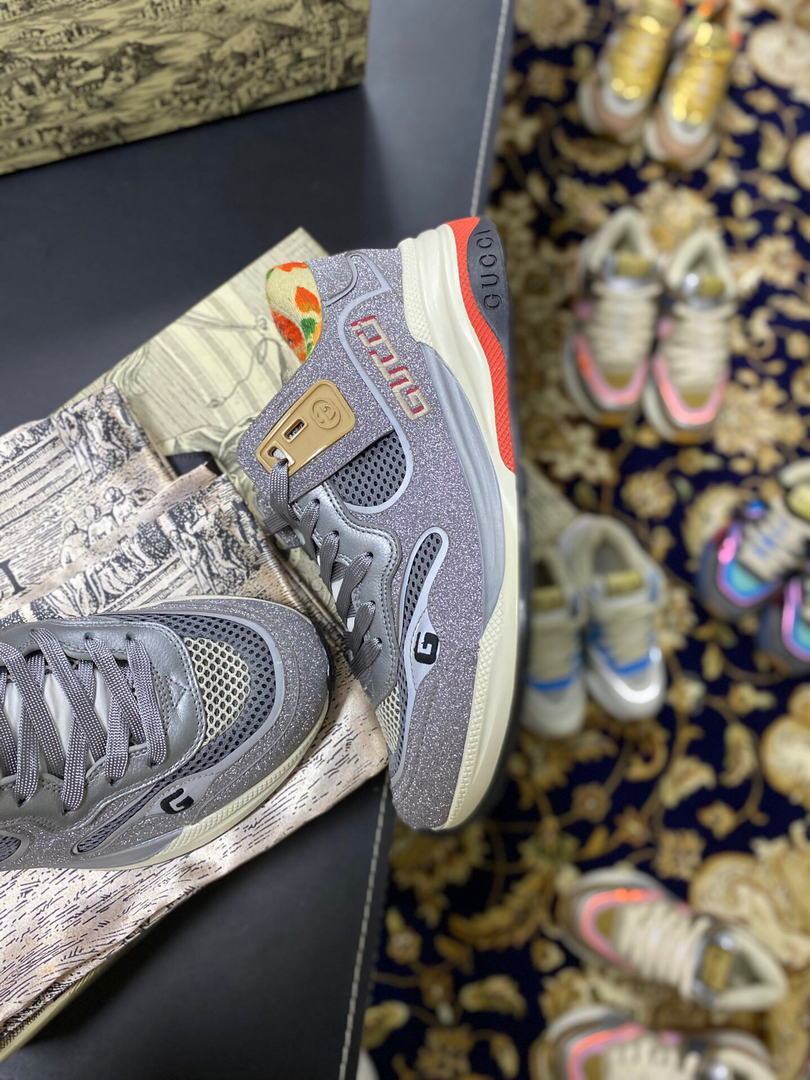Gucci Women¡¯s Ultrapace R Leather Sneaker 81115 Silver and Gray - luxibagsmall