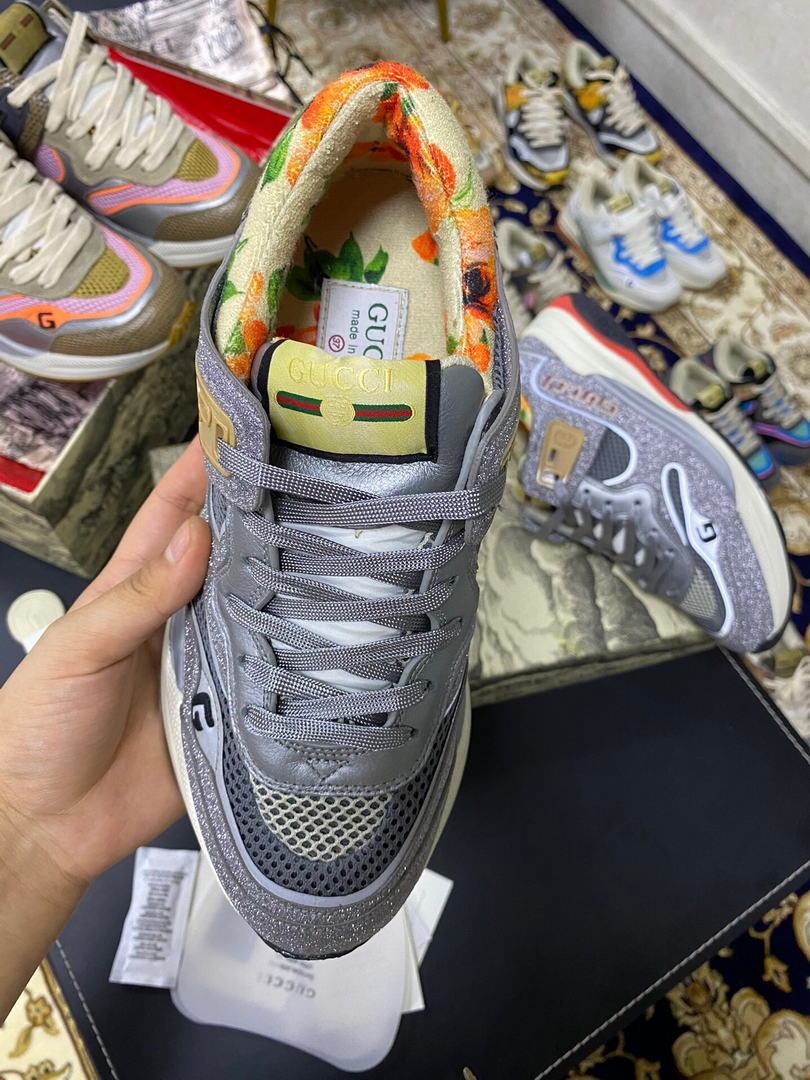 Gucci Women¡¯s Ultrapace R Leather Sneaker 81115 Silver and Gray - luxibagsmall