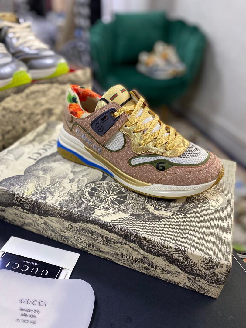 Gucci Women¡¯s Ultrapace R Leather Sneaker 81115 Gold and Wine - luxibagsmall
