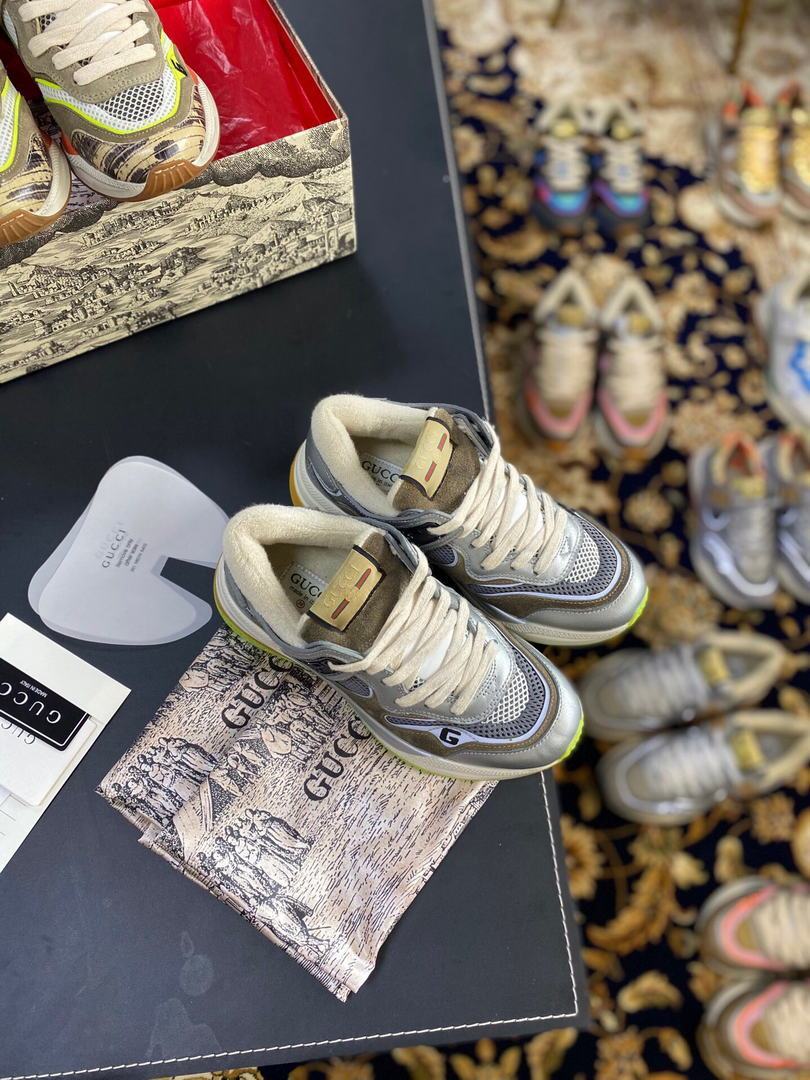 Gucci Women¡¯s Ultrapace R Leather Sneaker 81115 Silver and Brown - luxibagsmall