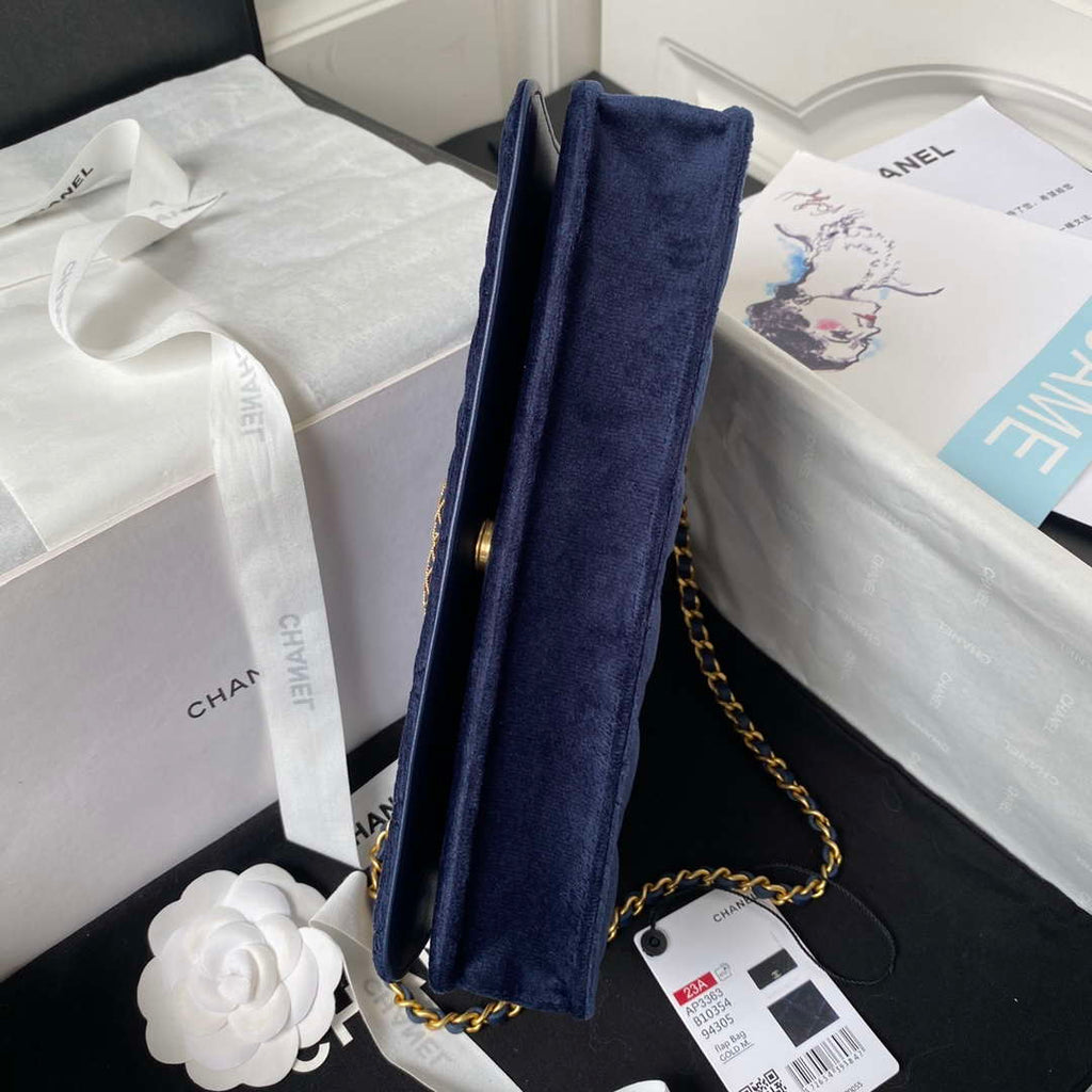 Chanel AP3363 Flap Baguette Bag Velvet Navy Blue