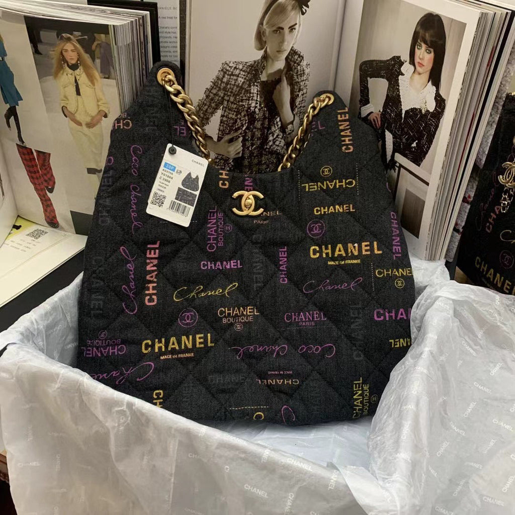 Chanel  Maxi Hobo Bag AS3156 Printed denim gold-tone metal Black