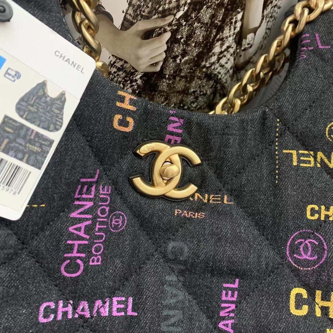 Chanel  Maxi Hobo Bag AS3156 Printed denim gold-tone metal Black