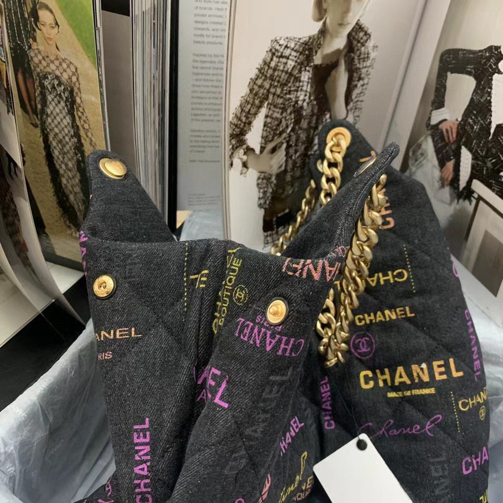 Chanel  Maxi Hobo Bag AS3156 Printed denim gold-tone metal Black