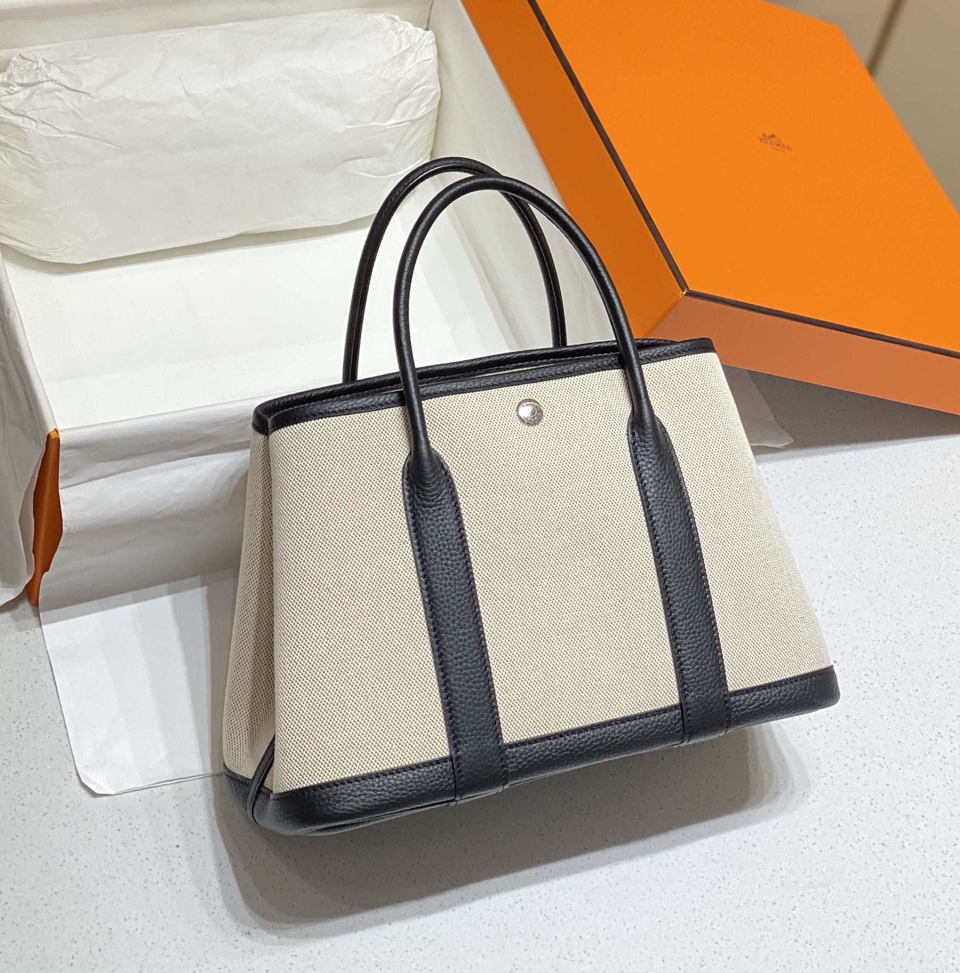 Hermes Beige Canvas and Black leather Garden Party 30cm Bag H239051