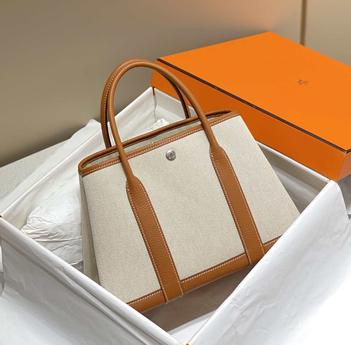Hermes Beige Canvas and Brown leather Garden Party 30cm Bag H239052 - Default Title - View 1