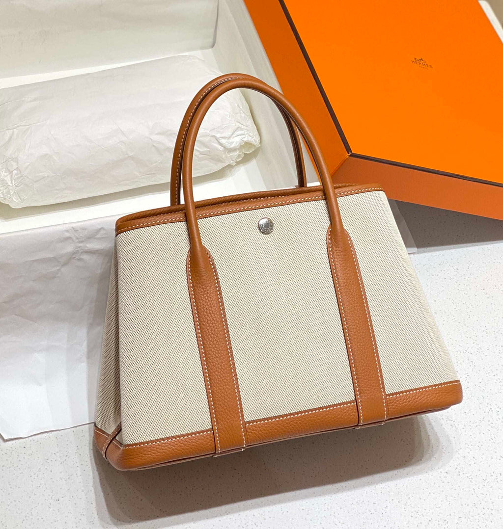 Hermes Beige Canvas and Brown leather Garden Party 30cm Bag H239052
