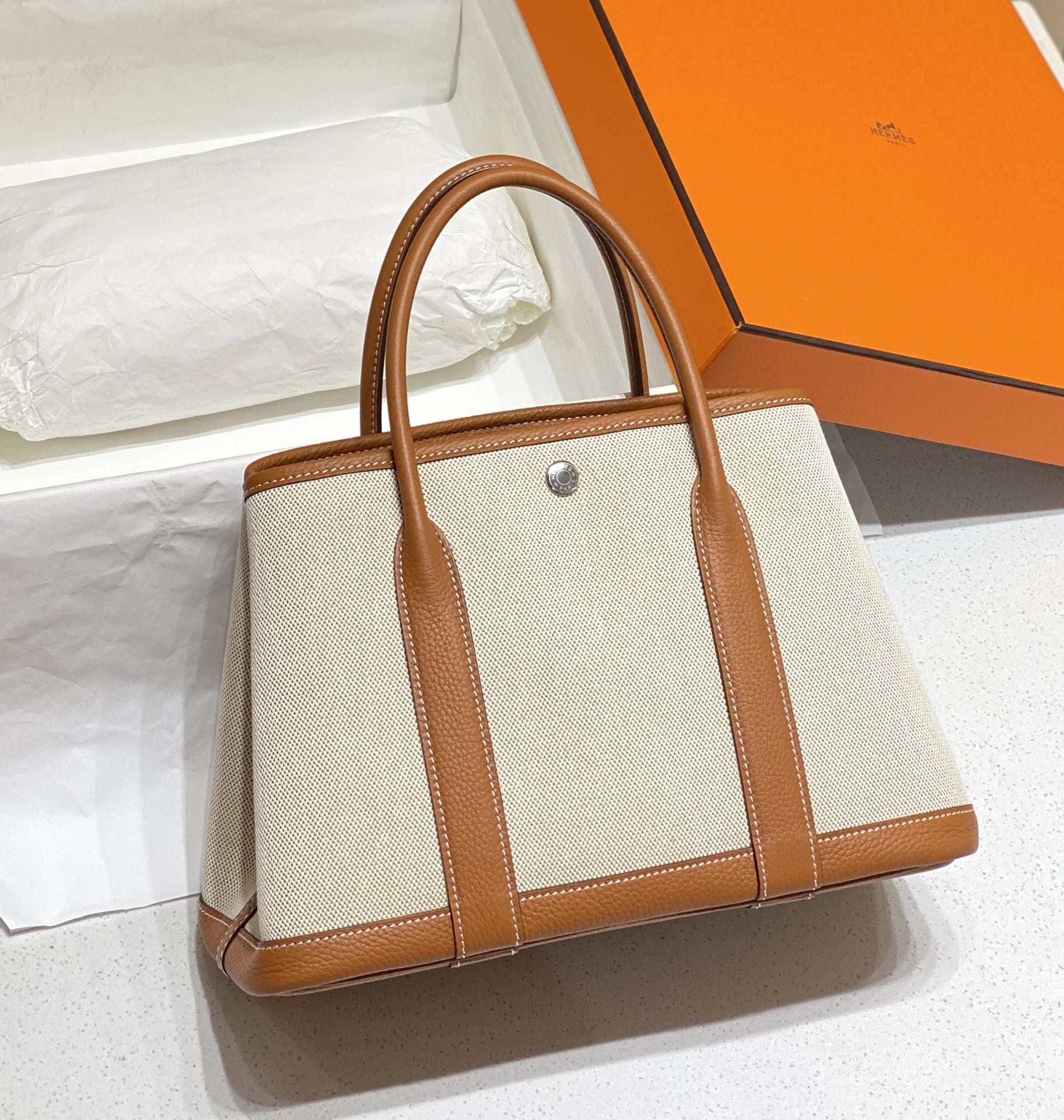 Hermes Beige Canvas and Brown leather Garden Party 30cm Bag H239052