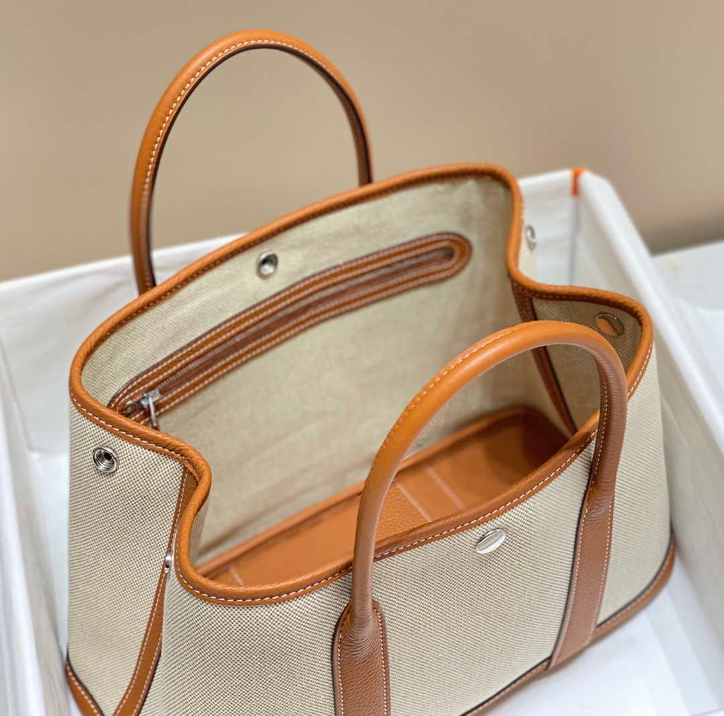 Hermes Beige Canvas and Brown leather Garden Party 30cm Bag H239052