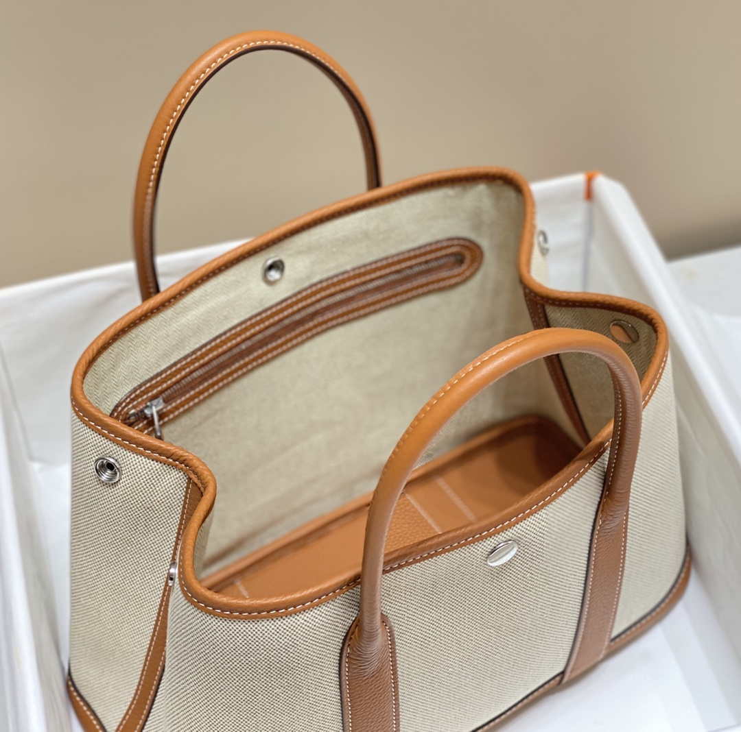 Hermes Beige Canvas and Brown leather Garden Party 30cm Bag H239052