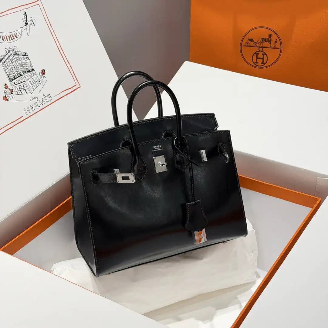 Hermes Birkin 25 Box Bag Black Silver Buckle  H92111