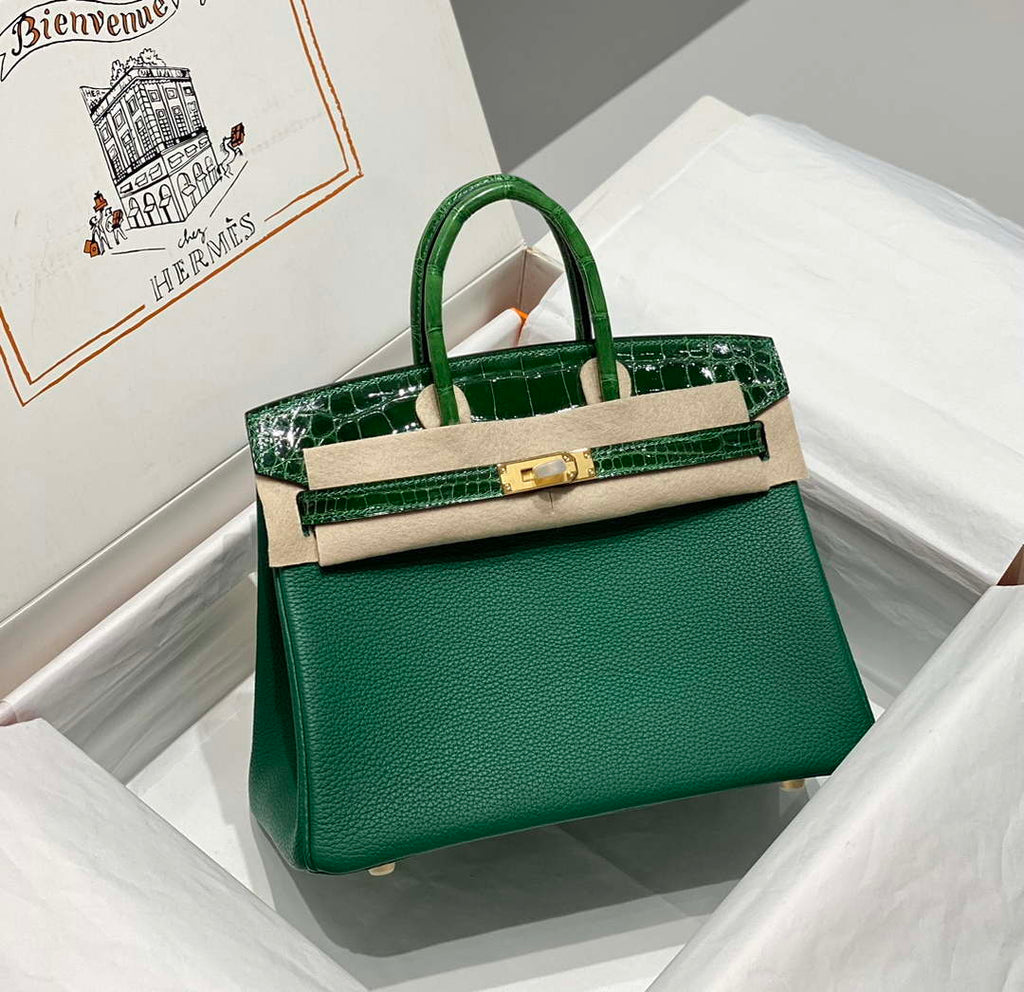 Hermes Birkin Tote Bag Togo Leather With High Gloss Nile Crocodile Emerald H28810